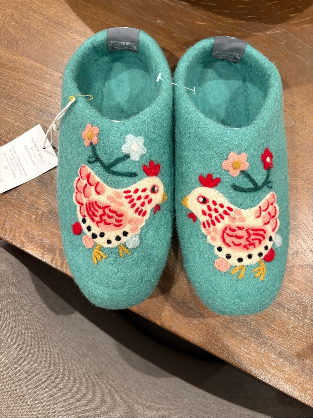 Printfresh Teal Felt Slip-On Slippers with Embroidered Chickens and Flowers